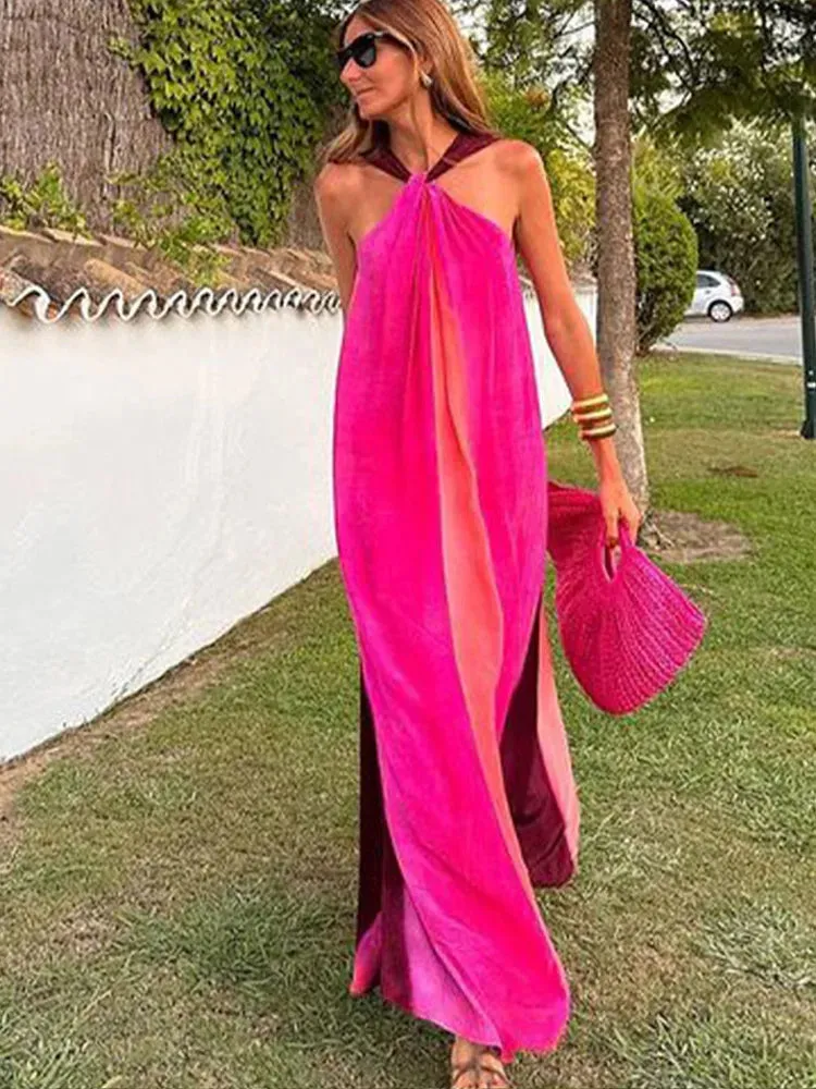 Striped Halter Backless Sleeveless A-line Maxi Dress for Beach Summer Vacation