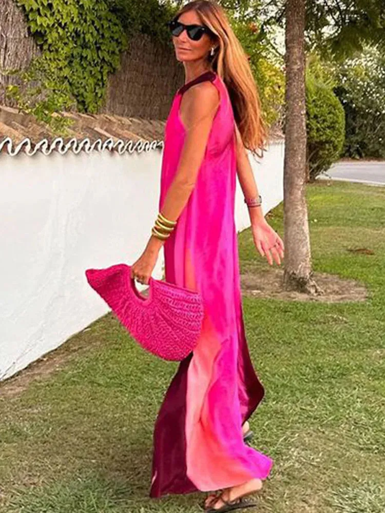 Striped Halter Backless Sleeveless A-line Maxi Dress for Beach Summer Vacation