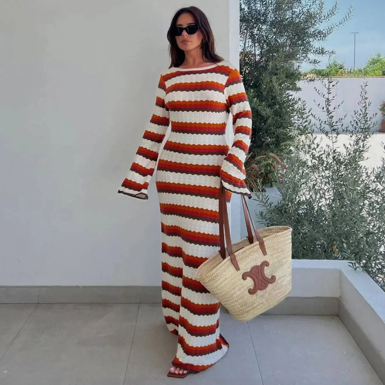 Striped Knitted Beach Long Sleeve Backless Maxi Dress