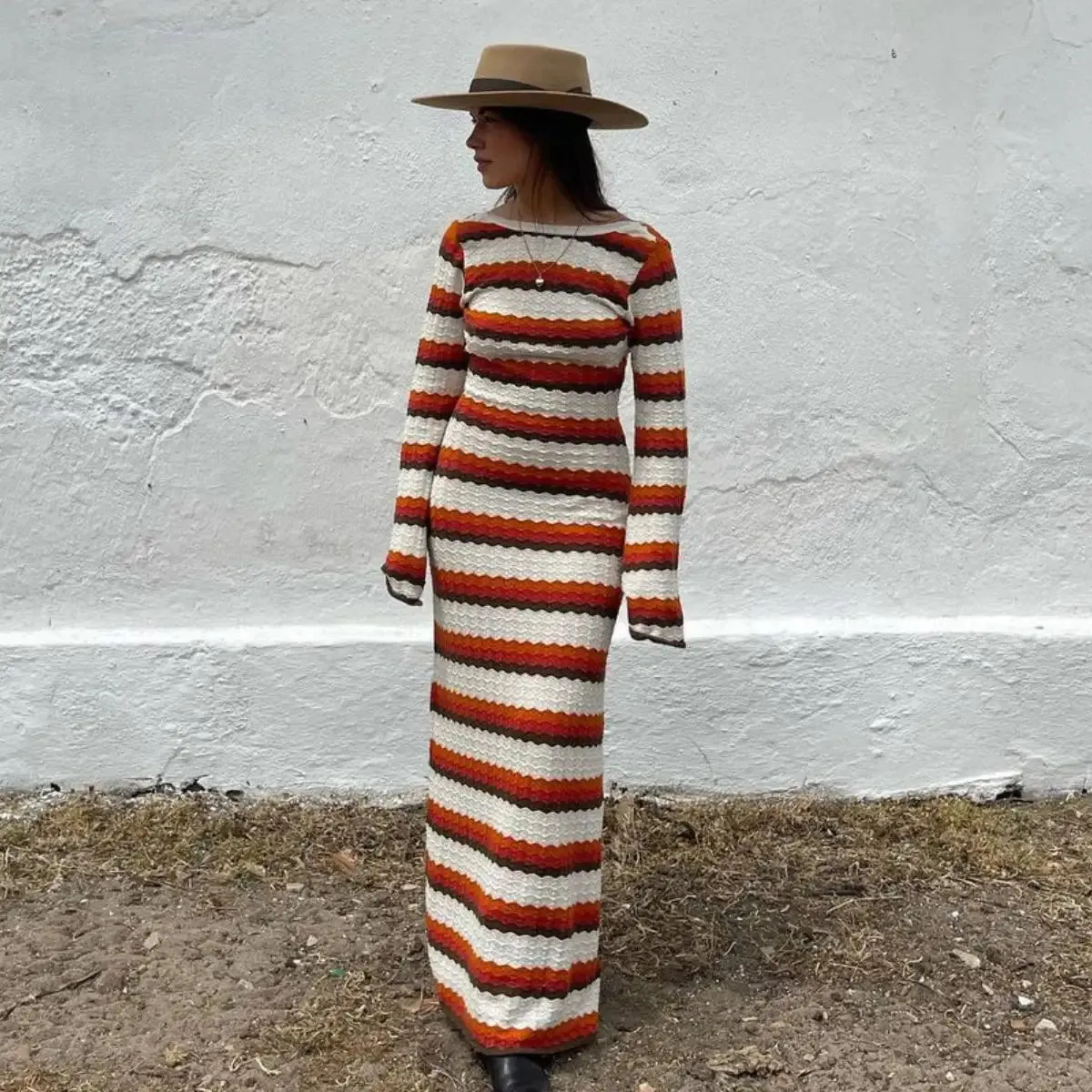 Striped Knitted Beach Long Sleeve Backless Maxi Dress