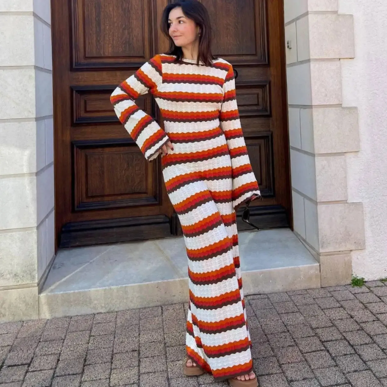 Striped Knitted Beach Long Sleeve Backless Maxi Dress