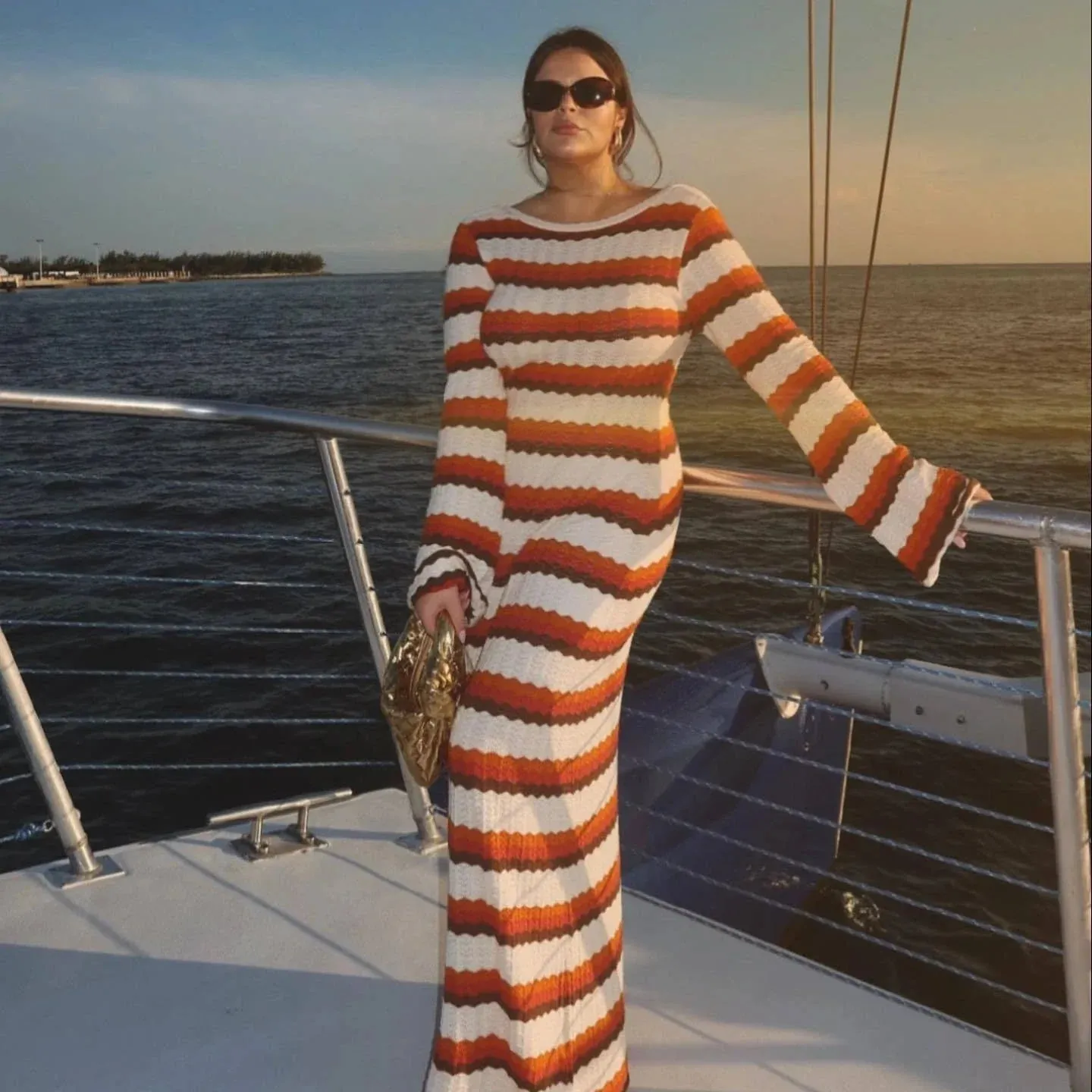 Striped Knitted Beach Long Sleeve Backless Maxi Dress