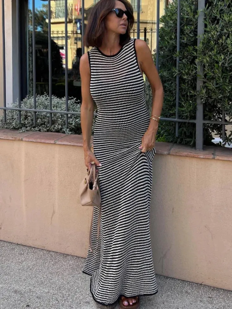 Striped Knitted Beach Sexy Hollow Out Maxi Dress