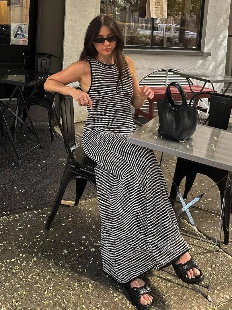 Striped Knitted Beach Sexy Hollow Out Maxi Dress