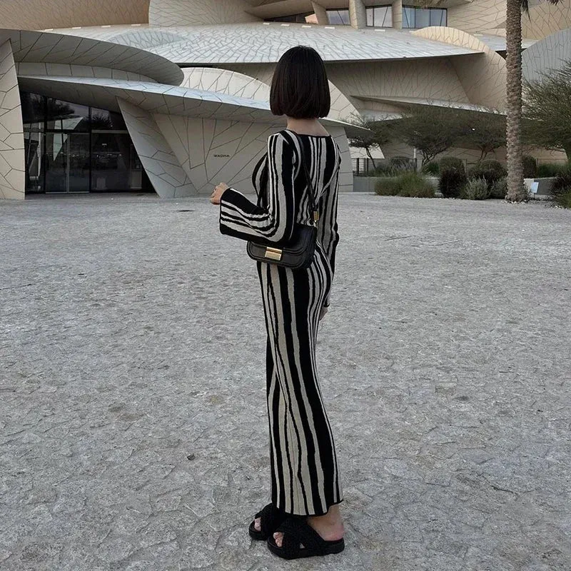 Striped Knitted Maxi Dress with Long Sleeves