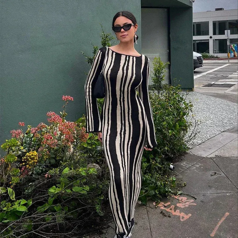 Striped Knitted Maxi Dress with Long Sleeves