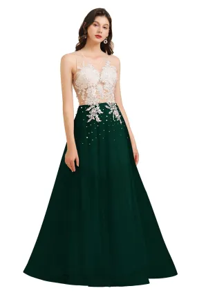 Stylish Sleeveless Evening Maxi Dress A-line Lace Appliques Prom Dress