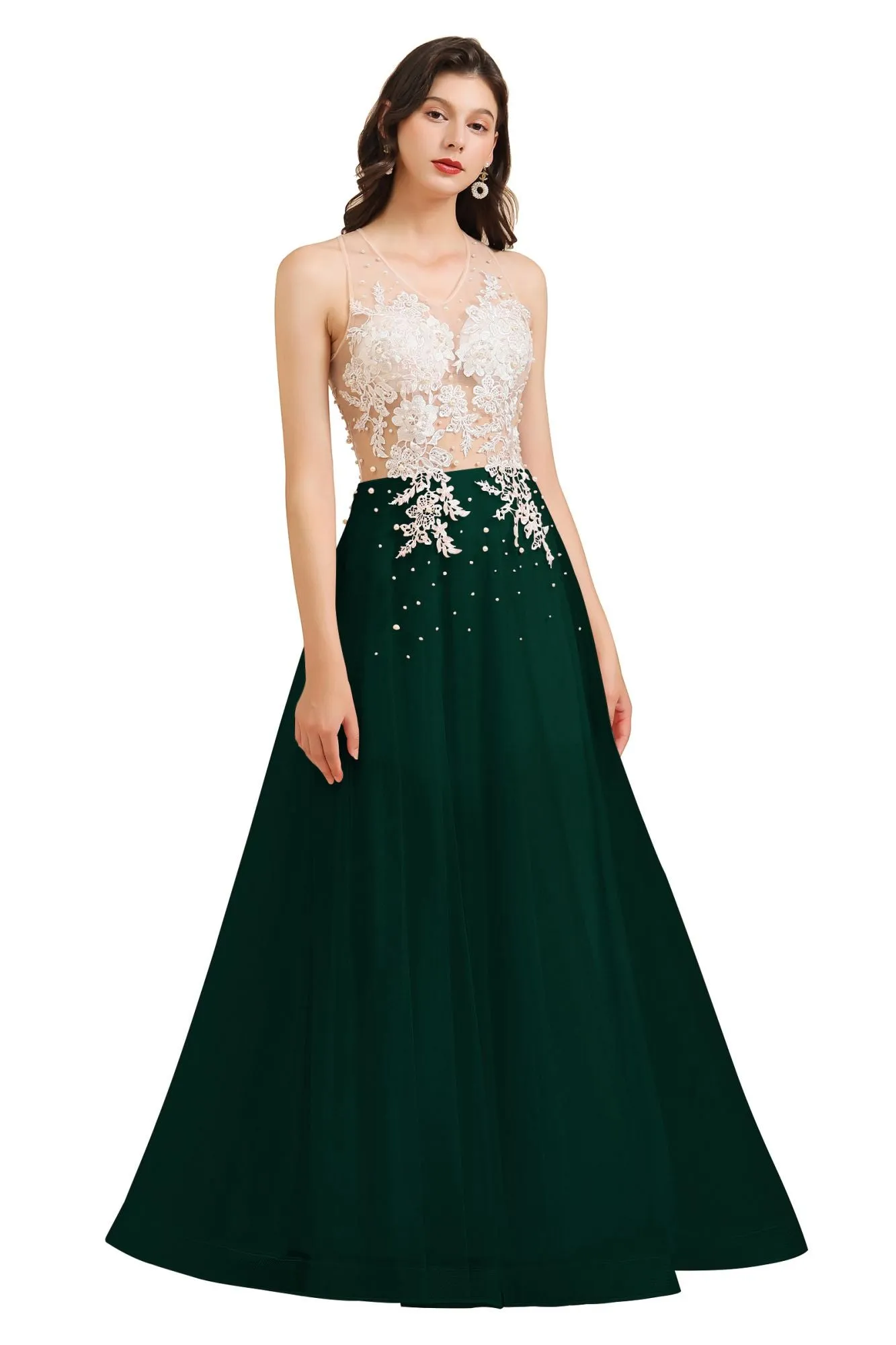 Stylish Sleeveless Evening Maxi Dress A-line Lace Appliques Prom Dress