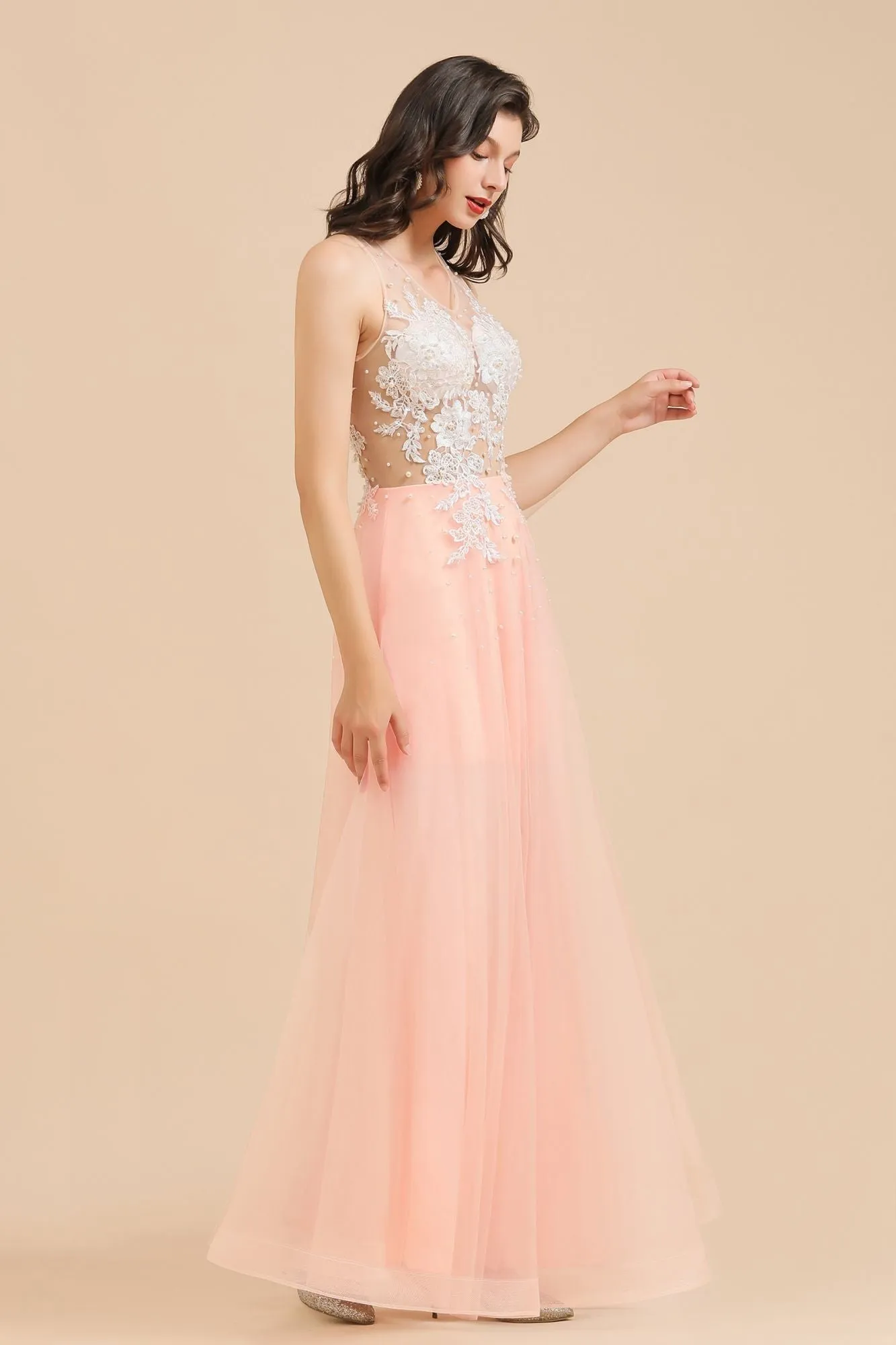 Stylish Sleeveless Evening Maxi Dress A-line Lace Appliques Prom Dress