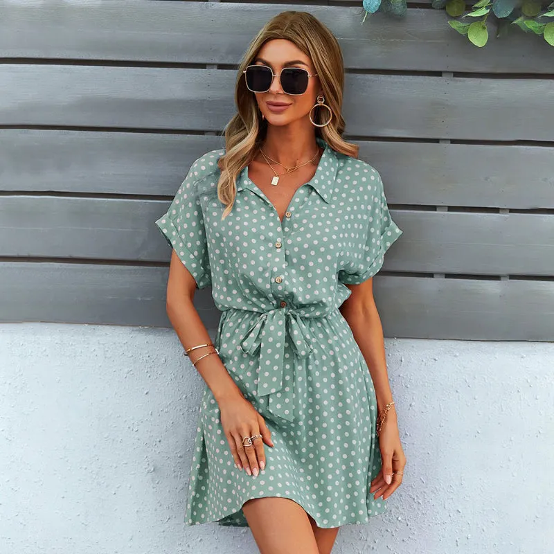 Summer Casual Polka Dot Print Short Sleeve High Waist Mini Dresses