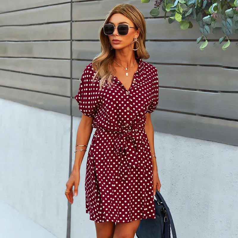 Summer Casual Polka Dot Print Short Sleeve High Waist Mini Dresses