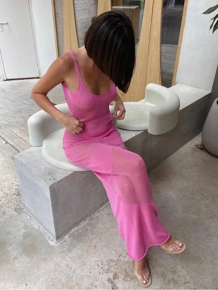 Summer Knit Backless See Through Sleeveless Bodycon Maxi Dress Cover Up