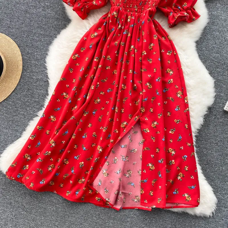 Summer Spring Floral Print Puff Sleeve Dresses