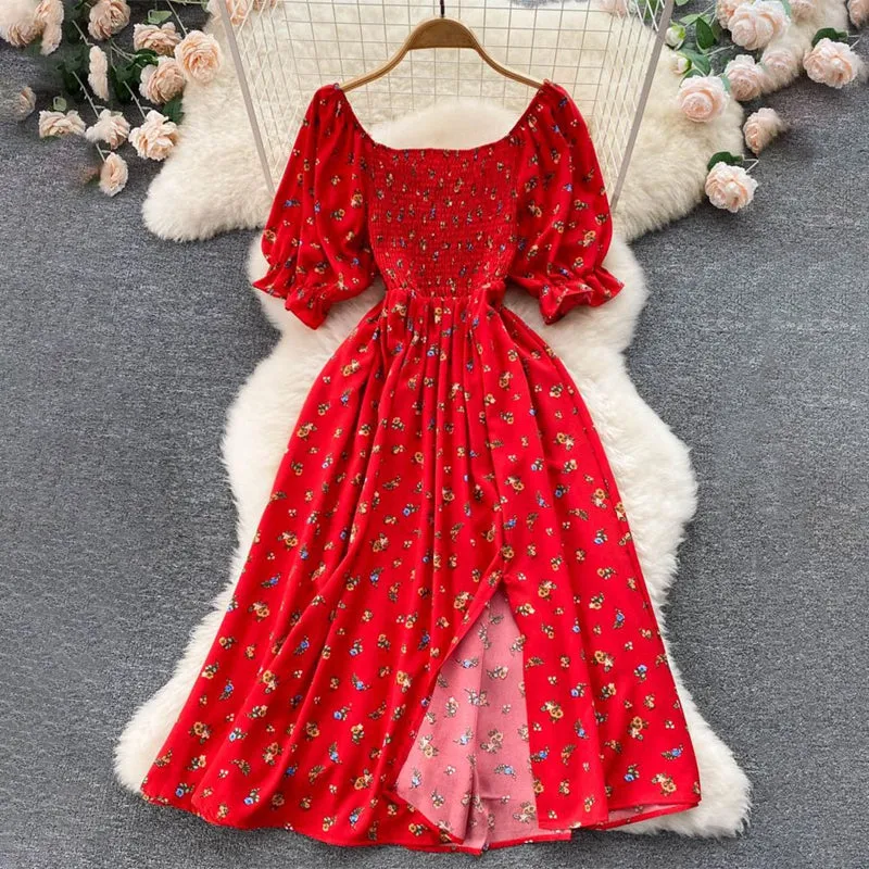 Summer Spring Floral Print Puff Sleeve Dresses