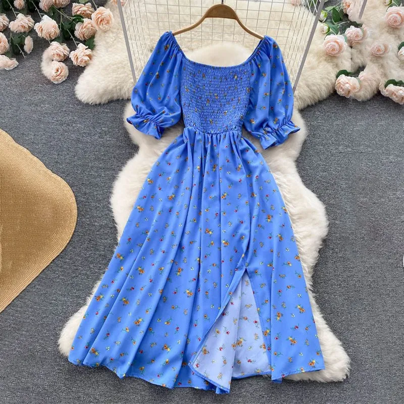 Summer Spring Floral Print Puff Sleeve Dresses