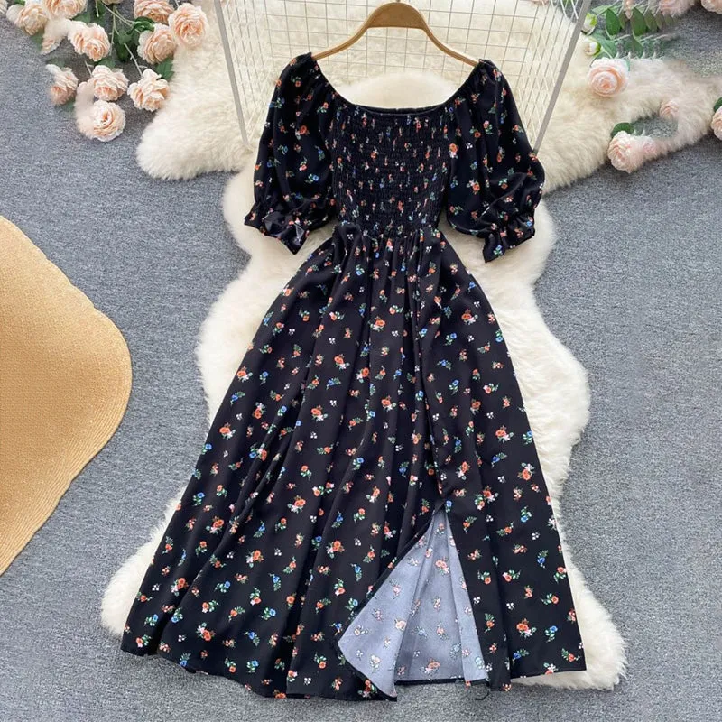 Summer Spring Floral Print Puff Sleeve Dresses