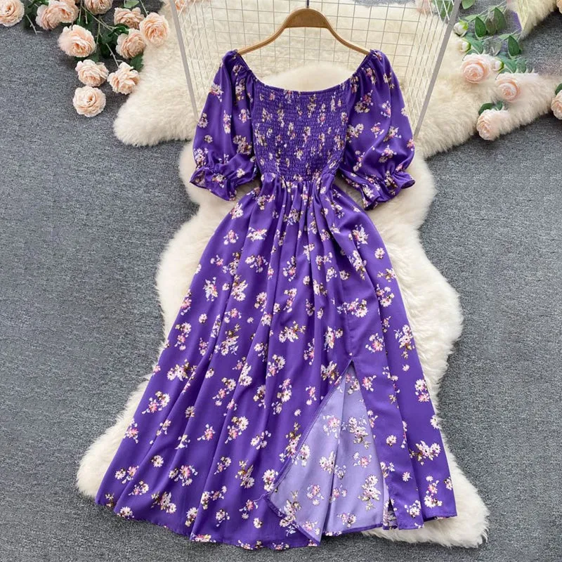 Summer Spring Floral Print Puff Sleeve Dresses