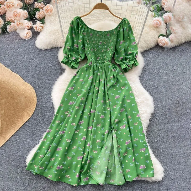 Summer Spring Floral Print Puff Sleeve Dresses