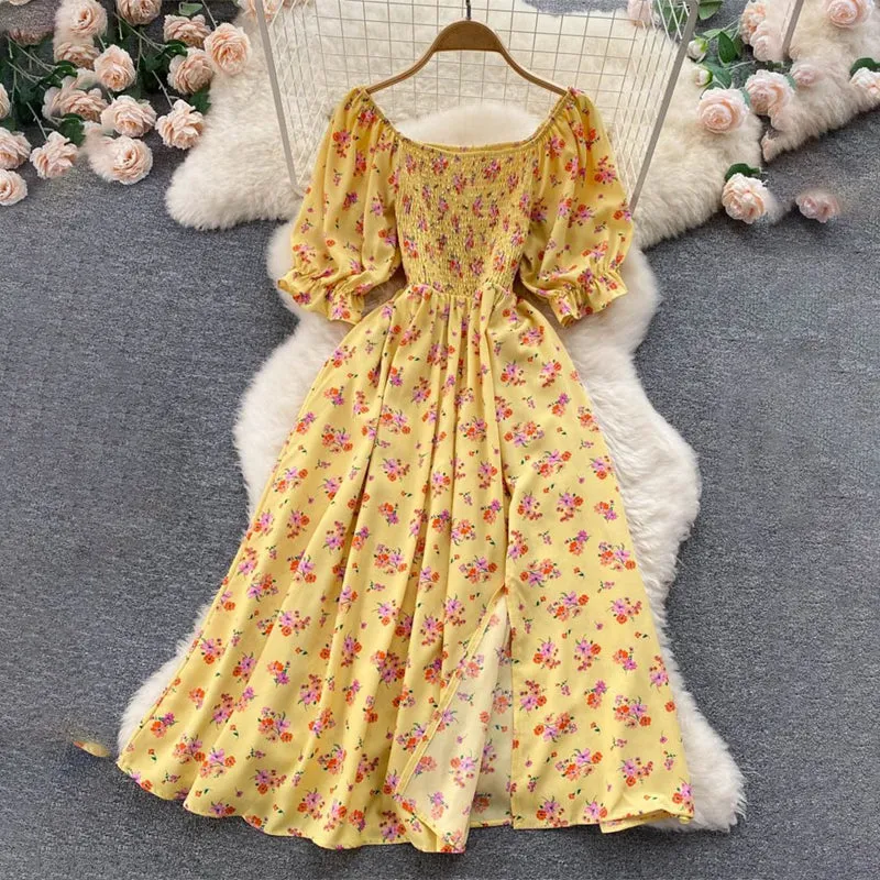 Summer Spring Floral Print Puff Sleeve Dresses