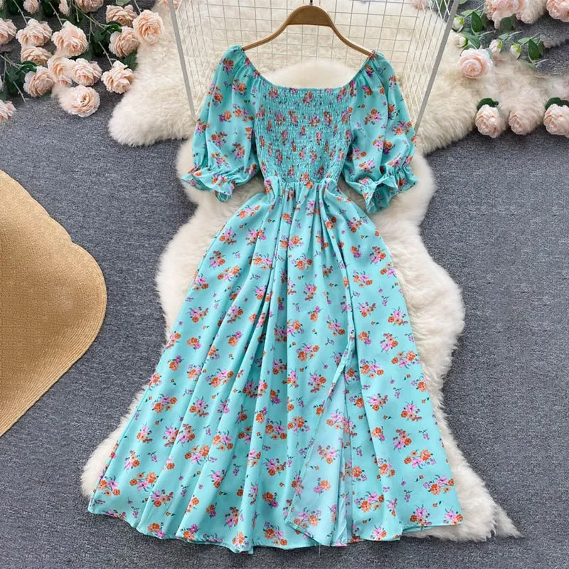 Summer Spring Floral Print Puff Sleeve Dresses