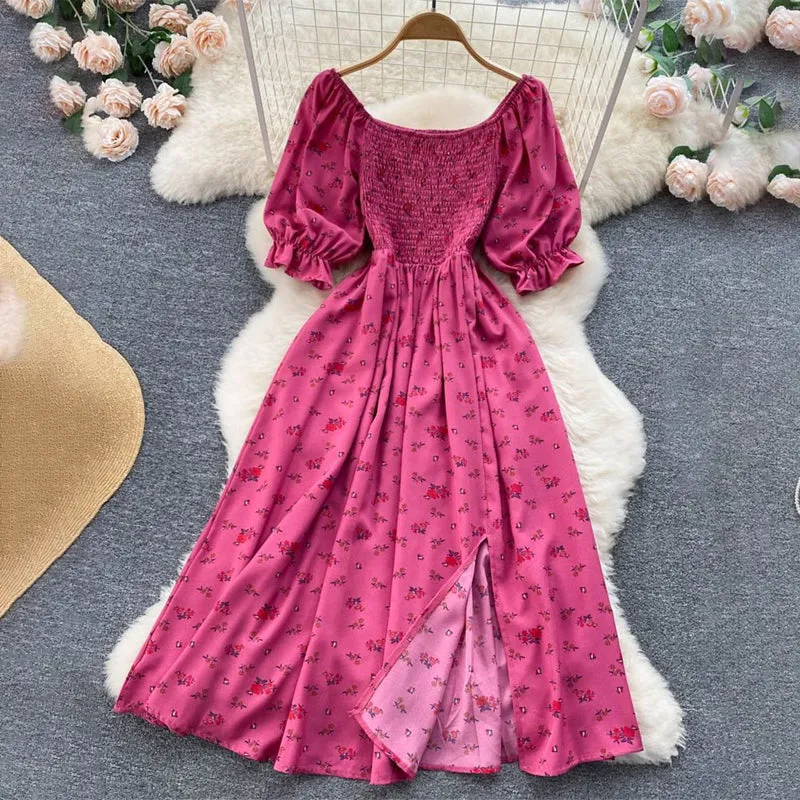 Summer Spring Floral Print Puff Sleeve Dresses