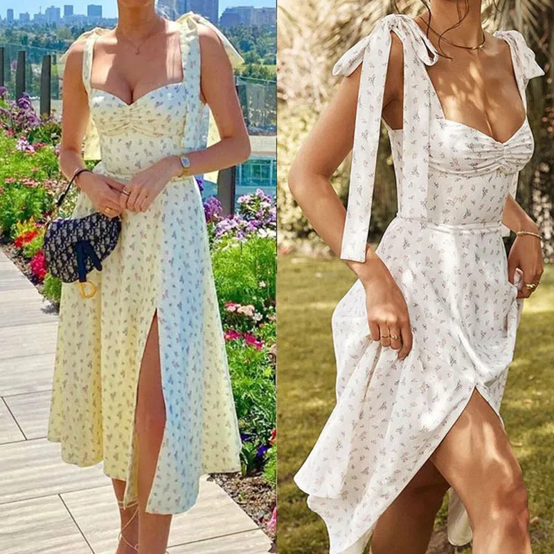 Summer Spring Floral Print Split Side Lace-Up Dresses