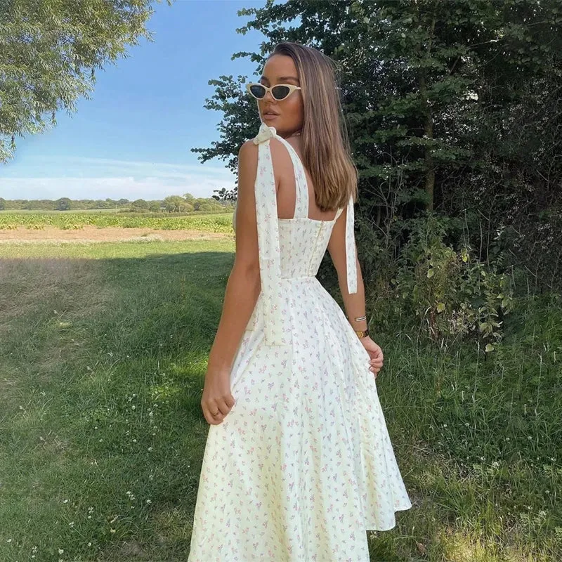 Summer Spring Floral Print Split Side Lace-Up Dresses