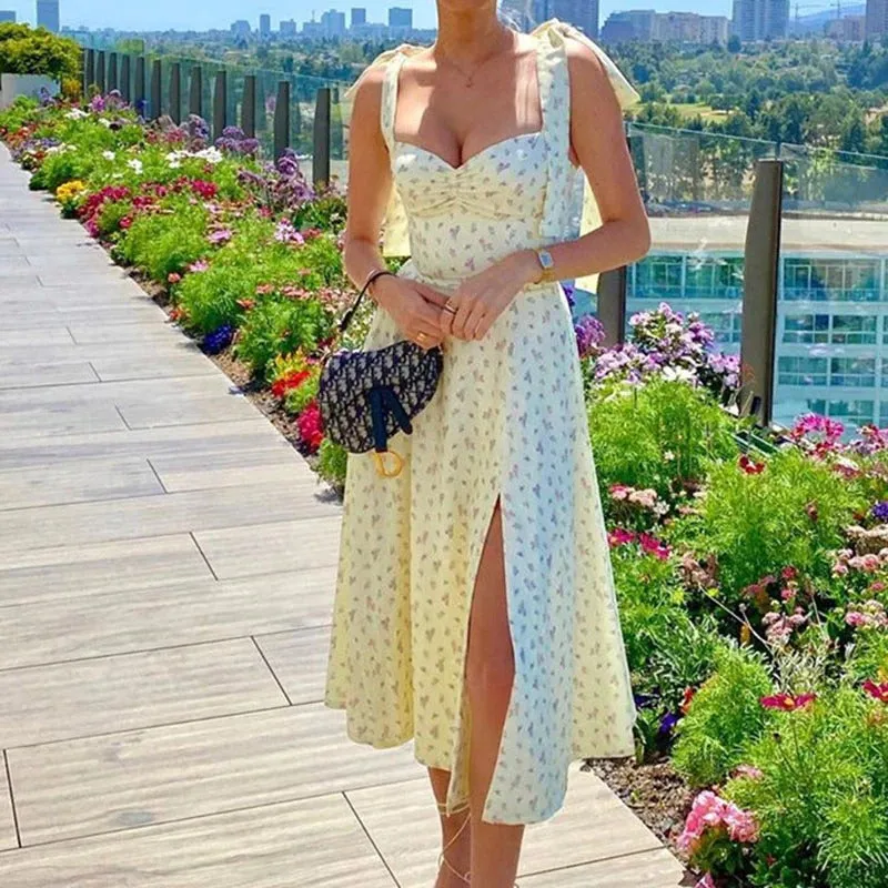 Summer Spring Floral Print Split Side Lace-Up Dresses