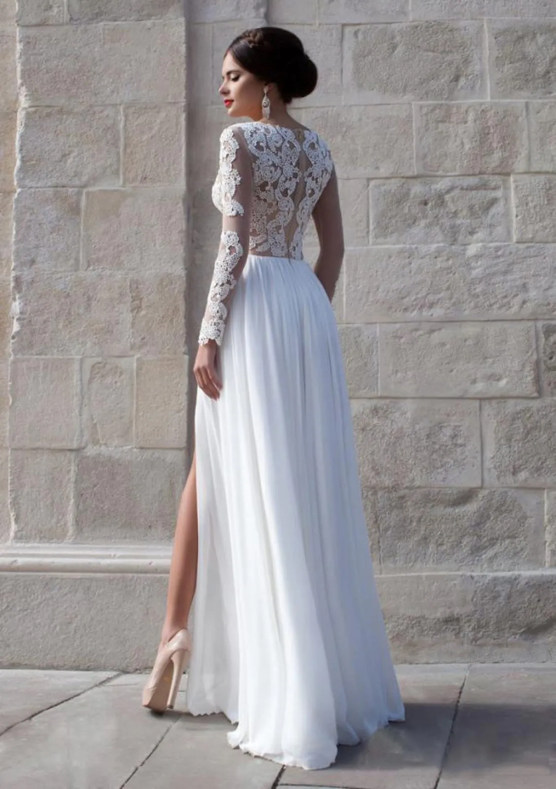 Sweetheart Long Sheer Sleeve Lace Chiffon Split Wedding Dress, Beading