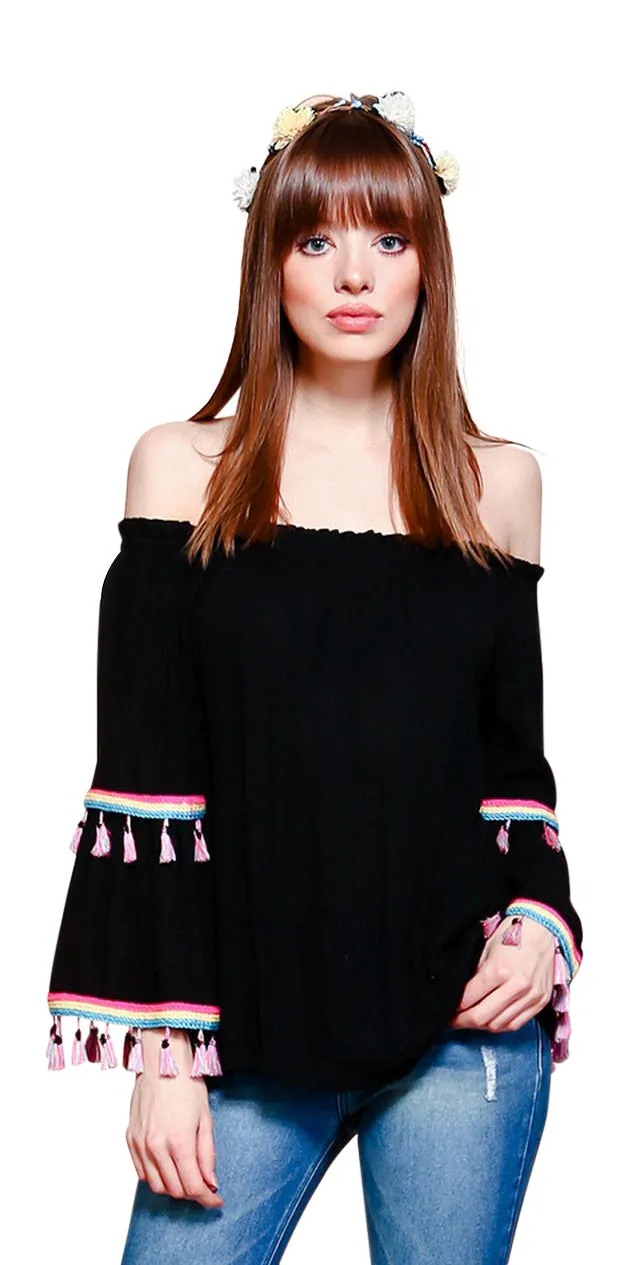 Tassel Off The Shoulder Top, Black