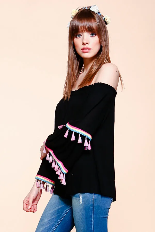 Tassel Off The Shoulder Top, Black