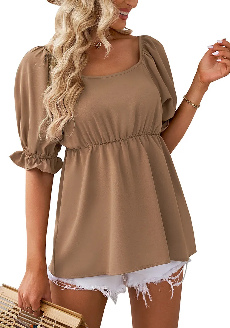 Tawny Brown Blouses for Women Business Causal Peplum Dressy Tops Ruffle Puff Sleeve Elegant Work Tunic