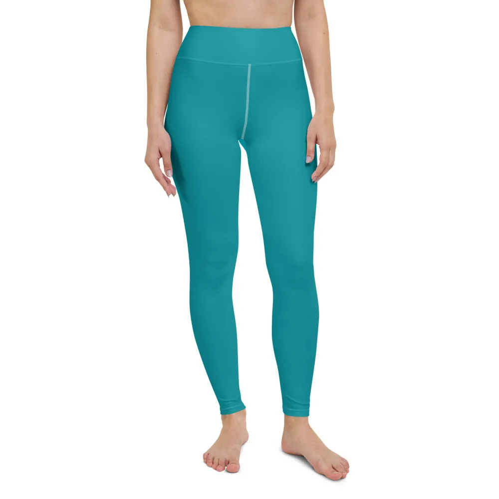 Teal Blue Women's Yoga Leggings, Modern Essential Blue Ladies' Long Tights-Made in USA/EU/MX