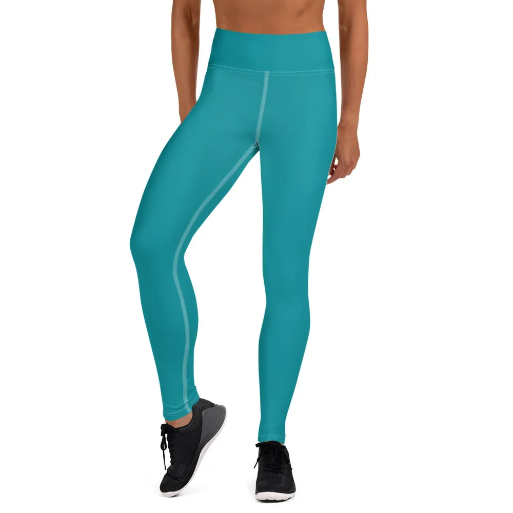 Teal Blue Women's Yoga Leggings, Modern Essential Blue Ladies' Long Tights-Made in USA/EU/MX