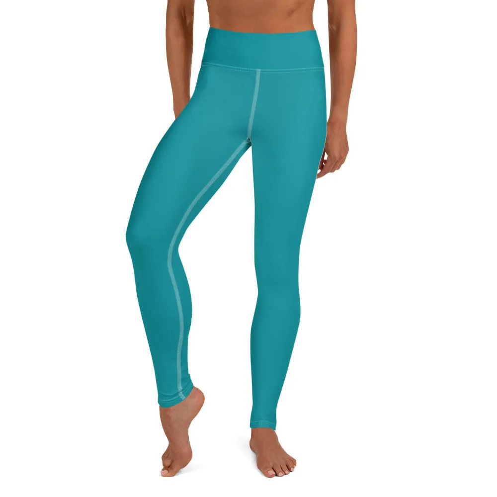 Teal Blue Women's Yoga Leggings, Modern Essential Blue Ladies' Long Tights-Made in USA/EU/MX