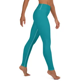 Teal Blue Women's Yoga Leggings, Modern Essential Blue Ladies' Long Tights-Made in USA/EU/MX