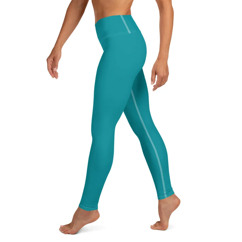 Teal Blue Women's Yoga Leggings, Modern Essential Blue Ladies' Long Tights-Made in USA/EU/MX