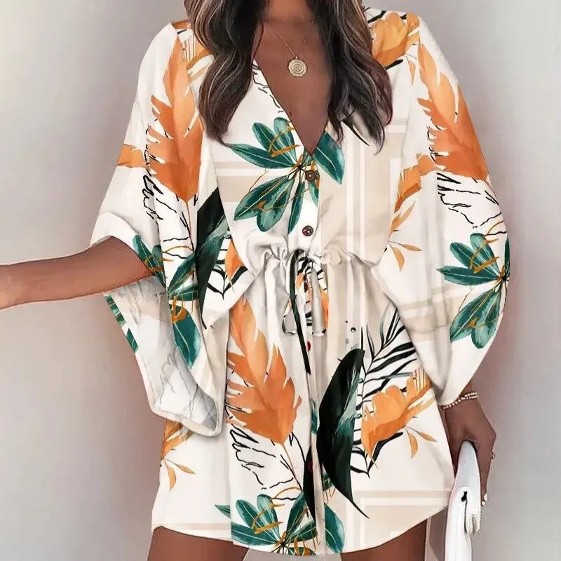 Tropical and Summer Theme Leaf Print Lace-up Waist Mini Dress