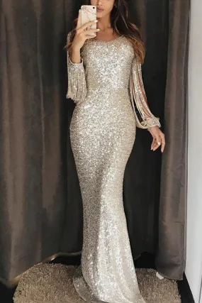 Unique Mermaid Evening Dress with Tassel Sleeve, Sequin Maxi Prom Dress UQ2325