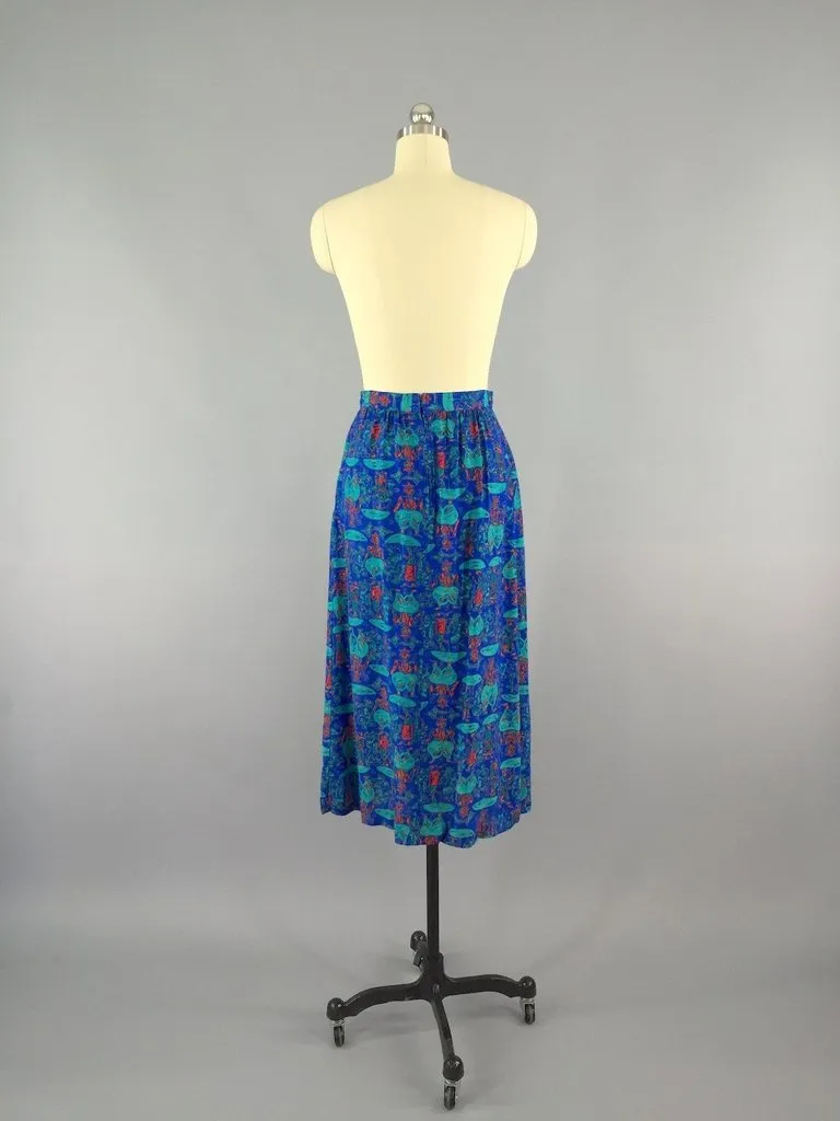 Vintage Blue Midi Skirt with Umbrella Novelty Print