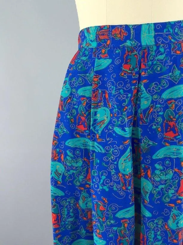 Vintage Blue Midi Skirt with Umbrella Novelty Print