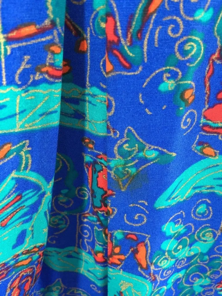 Vintage Blue Midi Skirt with Umbrella Novelty Print