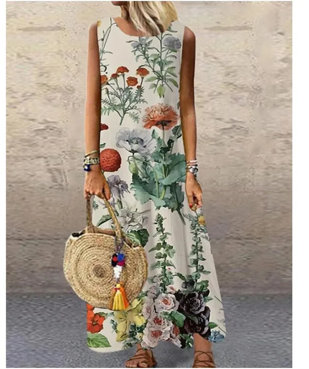 Wenkouban Sundress Women Summer Dress 2023 Printing Dress  Casual O Neck Loose Sleeveless Printed Floral Long Maxi Dress