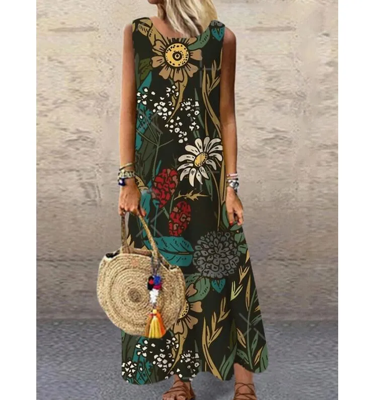 Wenkouban Sundress Women Summer Dress 2023 Printing Dress  Casual O Neck Loose Sleeveless Printed Floral Long Maxi Dress