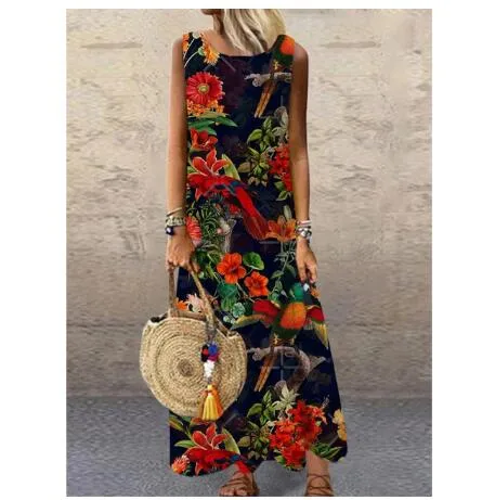 Wenkouban Sundress Women Summer Dress 2023 Printing Dress  Casual O Neck Loose Sleeveless Printed Floral Long Maxi Dress