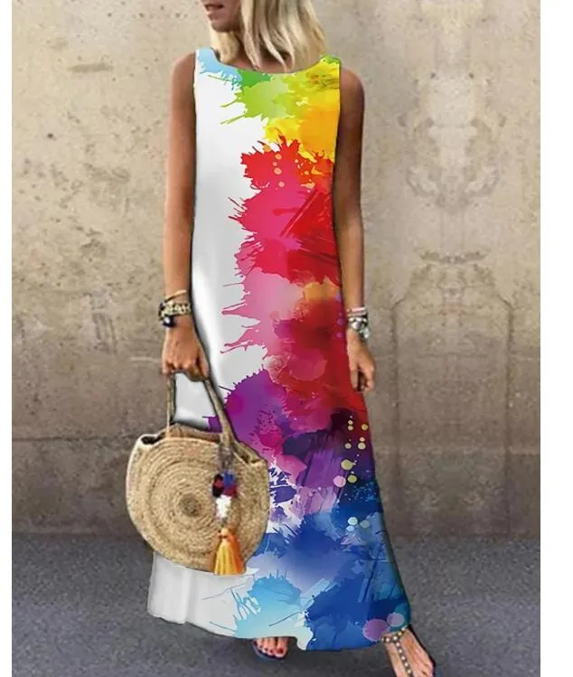 Wenkouban Sundress Women Summer Dress 2023 Printing Dress  Casual O Neck Loose Sleeveless Printed Floral Long Maxi Dress