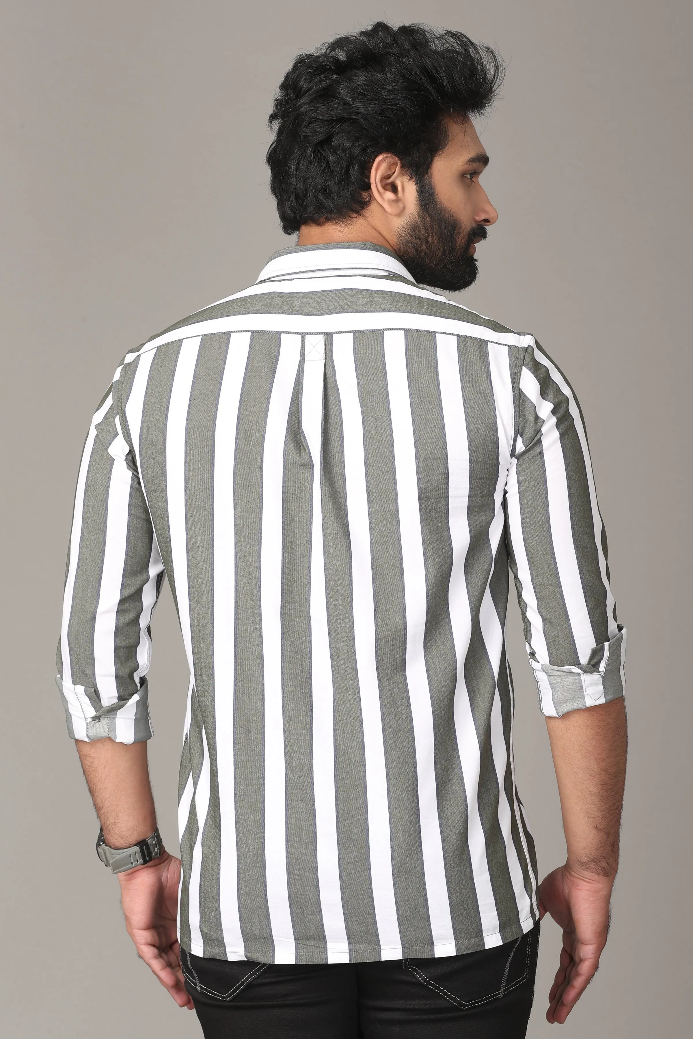 White and Grey Stripe Full Sleeve Shirt