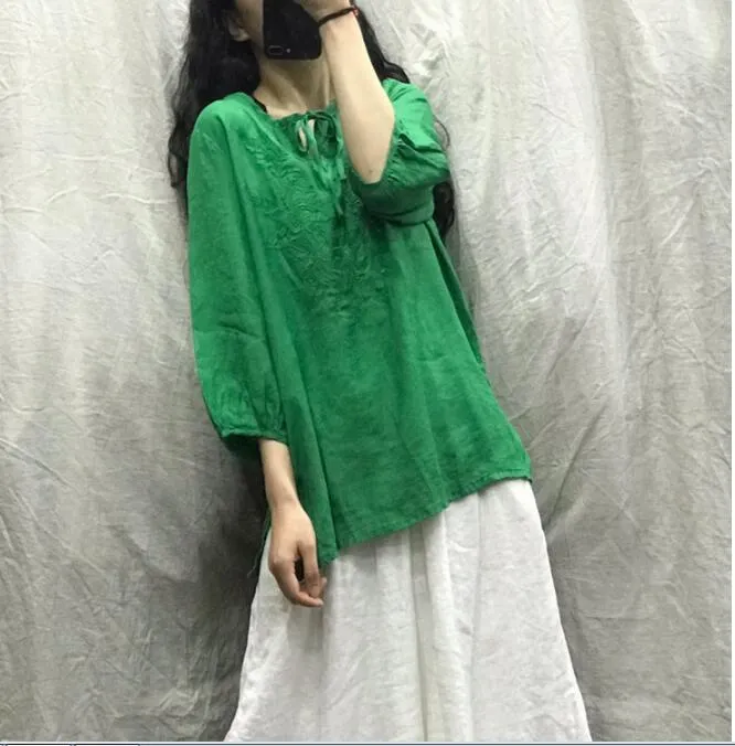 Women Linen Tunic Casual Summer Tops Women Blouse Loose Style Shirts H9505