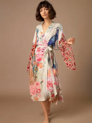 Women's Beach Kimono: Peacock Printed Swimsuit Cover Up and Self-Belted Wrap Dress - Perfect for Seaside Sophistication and Beachwear Glamour