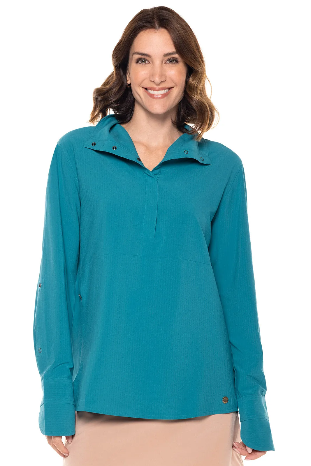 Women's Catona Funnel Neck Tunic Top  |  Tahitian Teal Shadow Stripe